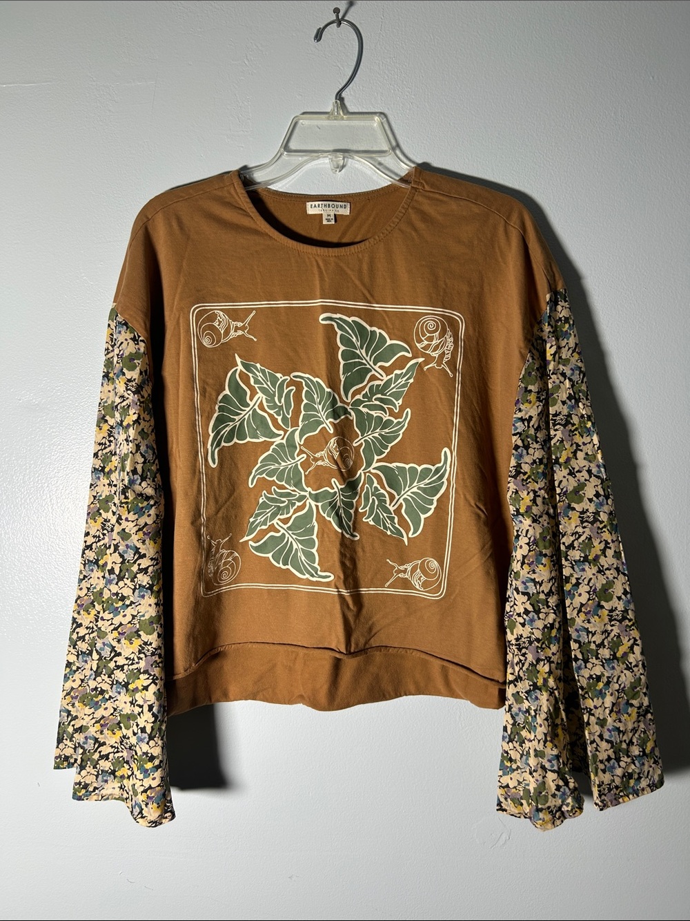 EARTHBOUND Rust Brown Pullover with Floral Bell Sleeves